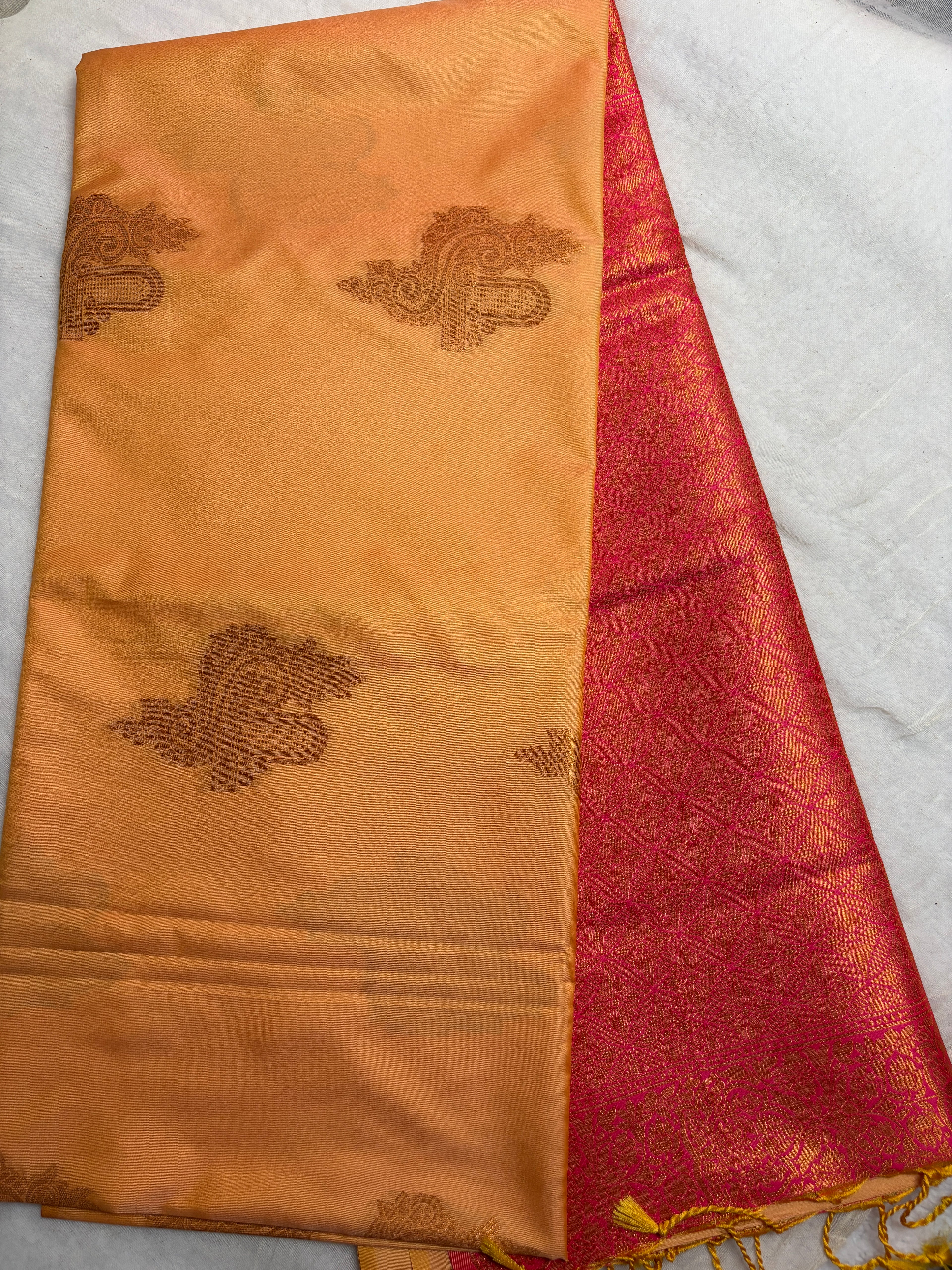 Premium Golden Orange Silk Saree with Rich Pink Brocade Pallu | Traditional Festive Wear Saree for Women