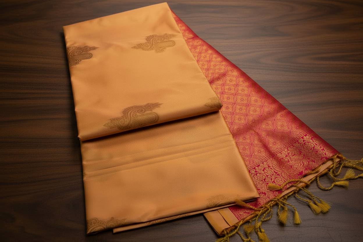 Premium Golden Orange Silk Saree with Rich Pink Brocade Pallu | Traditional Festive Wear Saree for Women