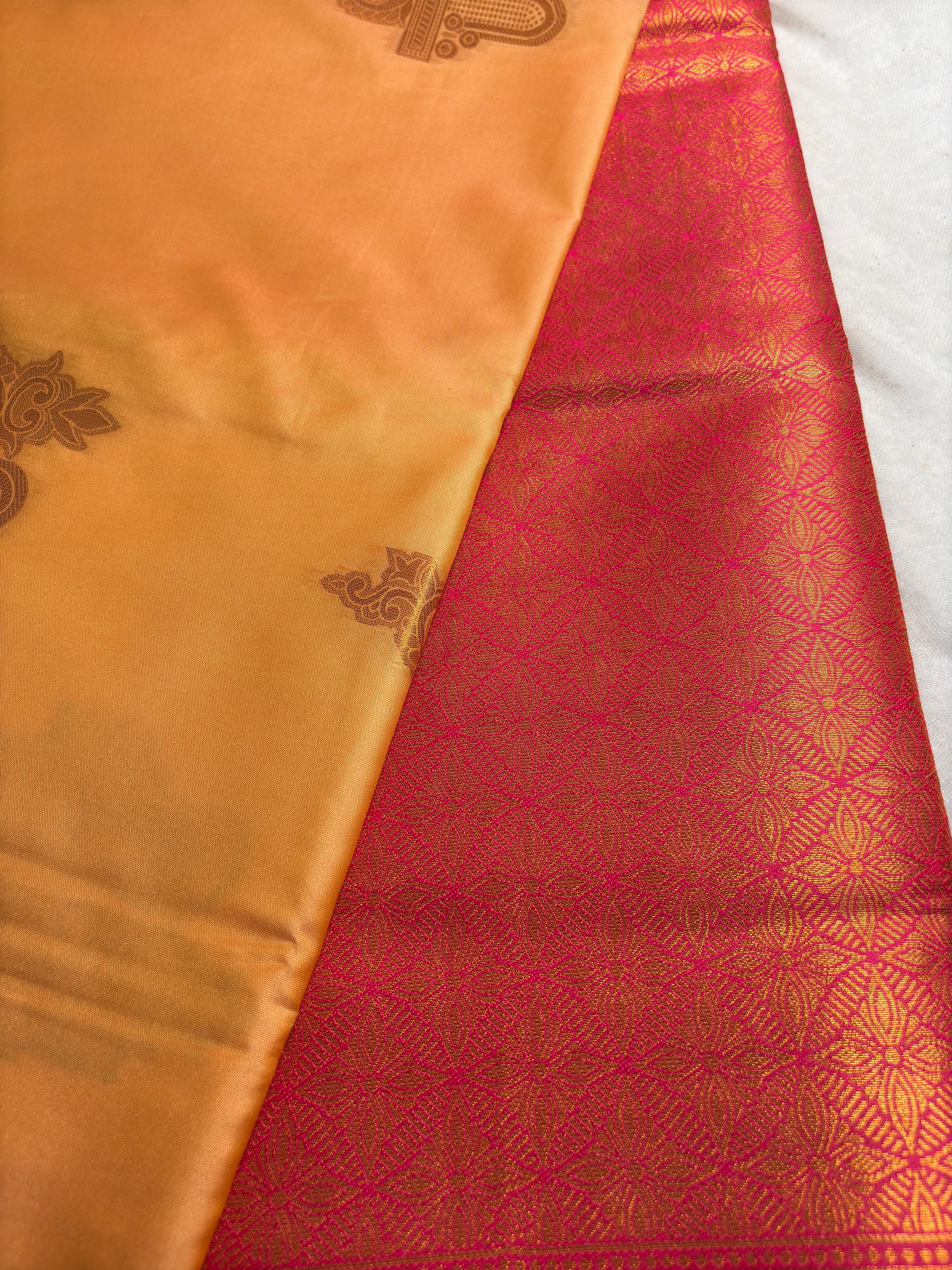 Premium Golden Orange Silk Saree with Rich Pink Brocade Pallu | Traditional Festive Wear Saree for Women