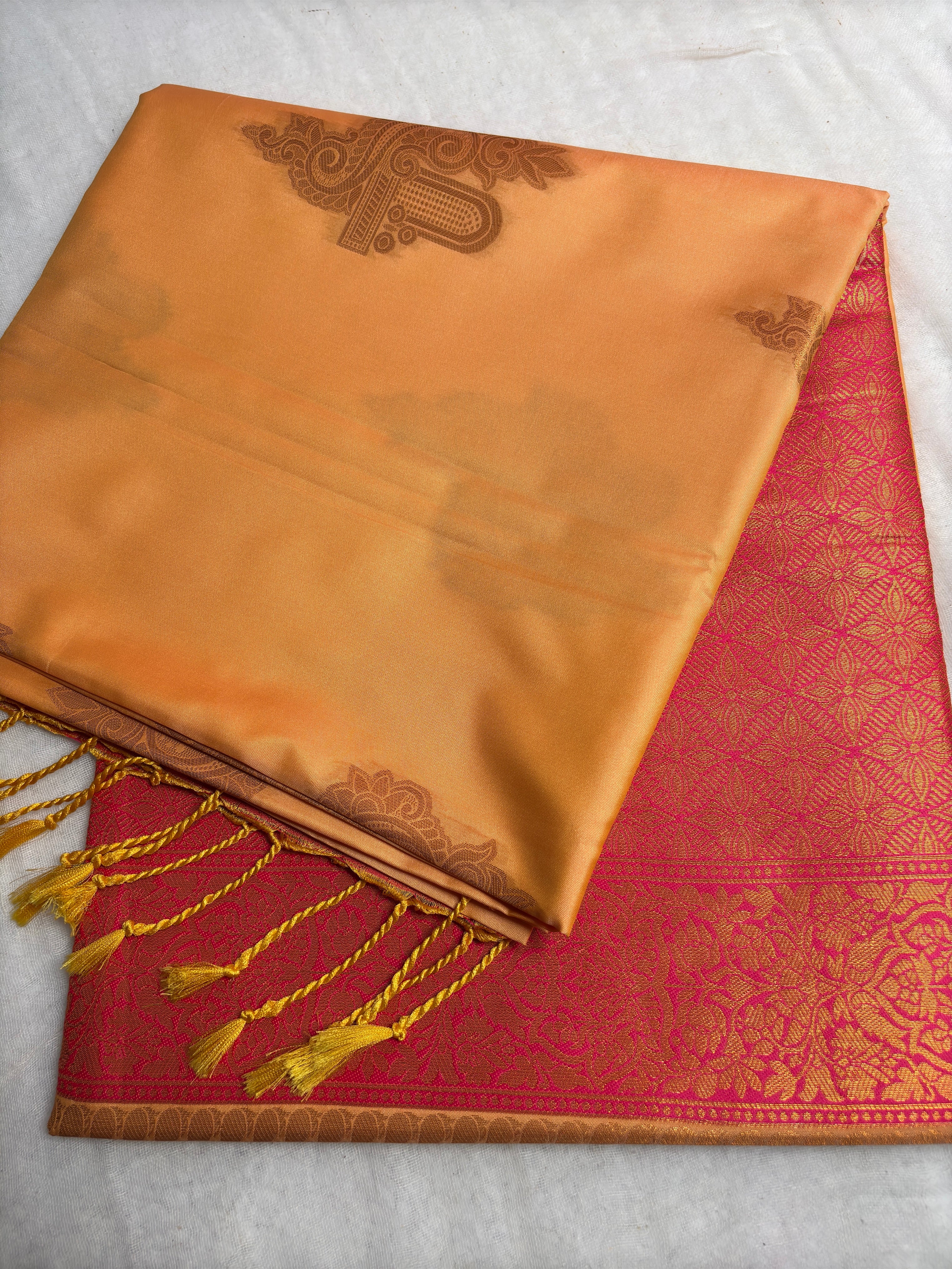Premium Golden Orange Silk Saree with Rich Pink Brocade Pallu | Traditional Festive Wear Saree for Women