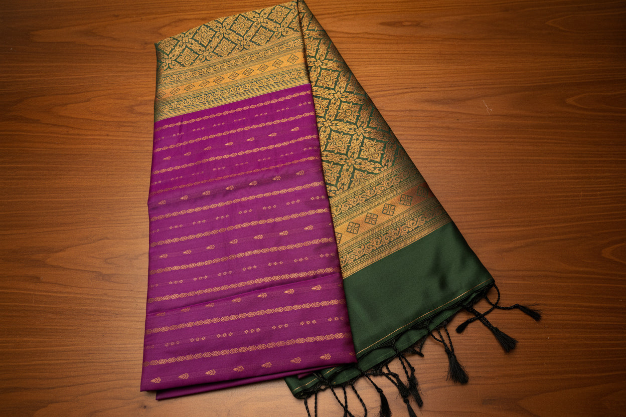 Elegant Dark Pink & Green Silk Borderless Saree with  Zari Pallu | Traditional South Indian Pattu Saree for Wedding & Festive Wear