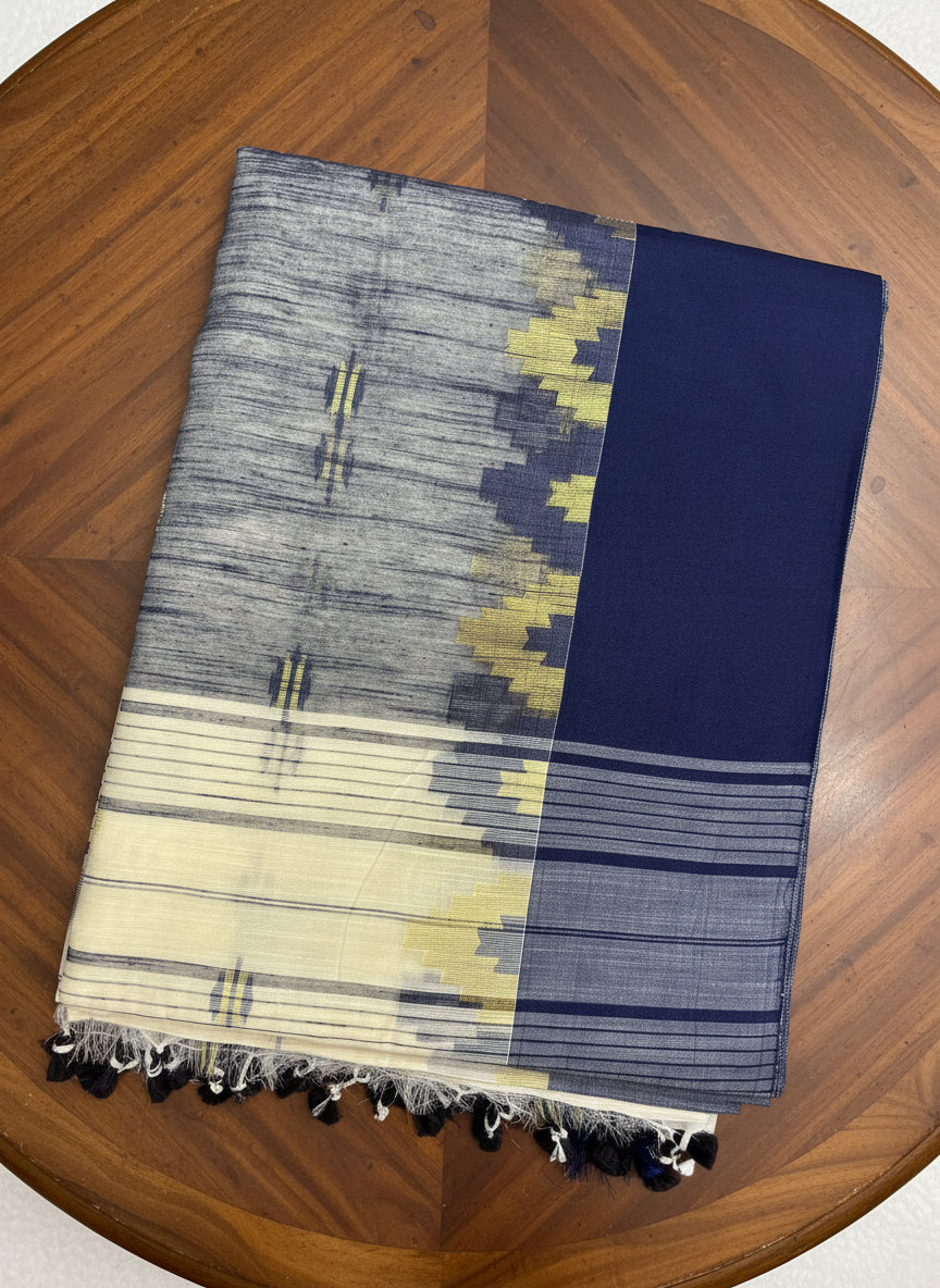 Off-White Navy Blue Handloom Khadi Cotton Saree