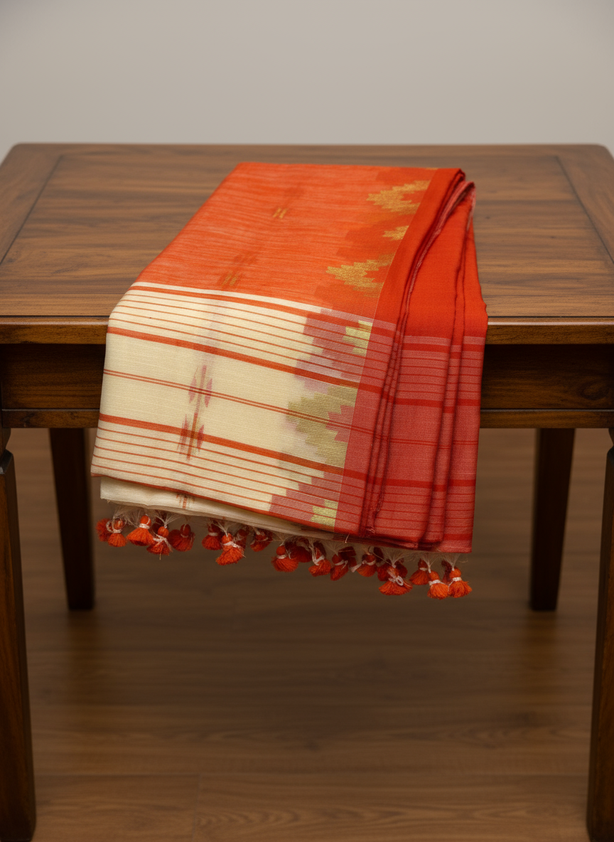 Off-White Orange Handloom Khadi Cotton Saree