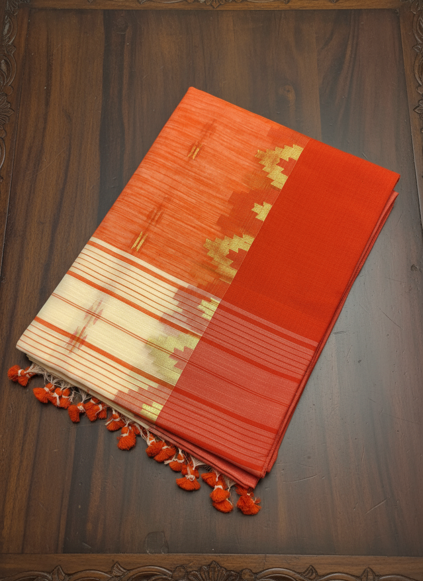 Off-White Orange Handloom Khadi Cotton Saree