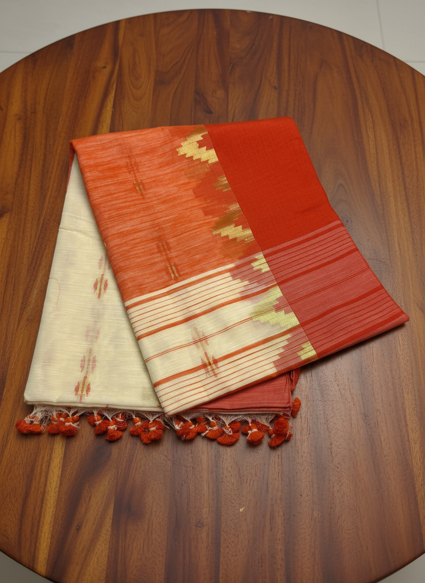 Off-White Orange Handloom Khadi Cotton Saree