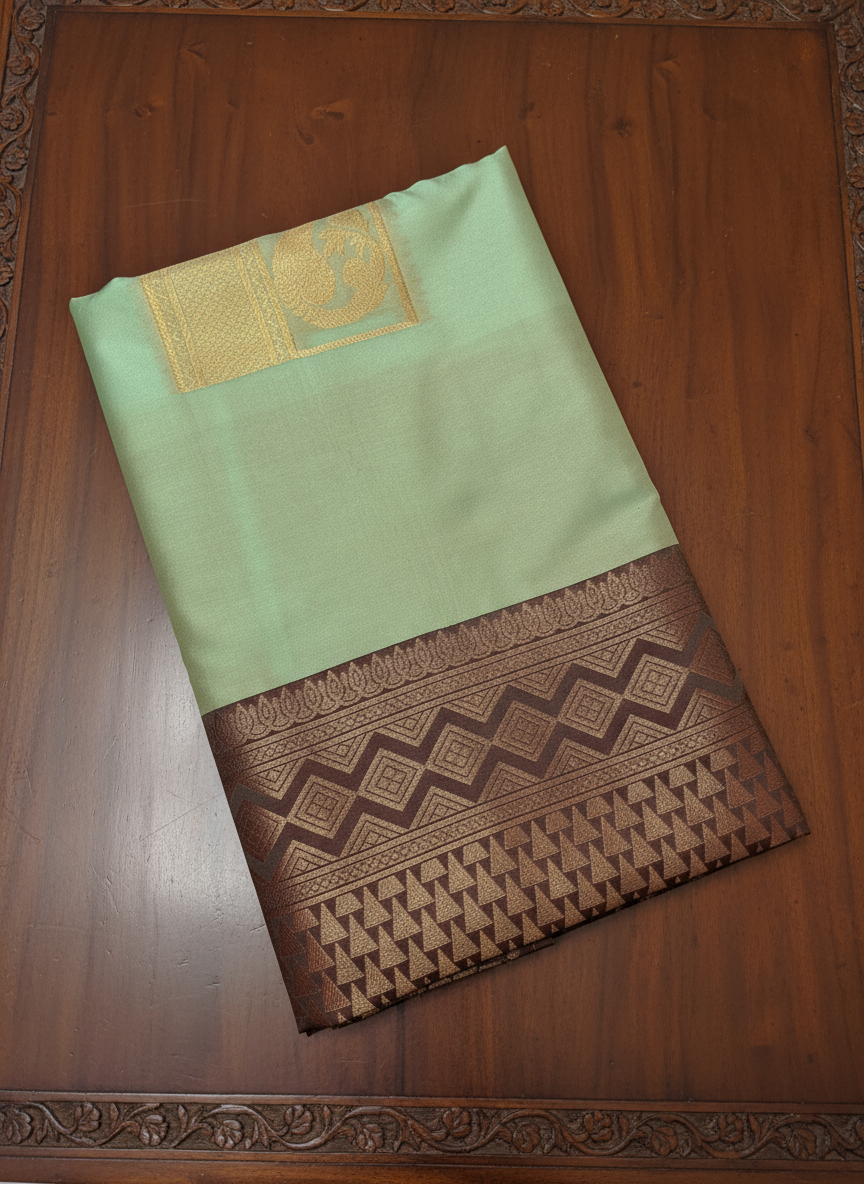 Light Green Soft Silk Saree with Rich Brown Zari Design