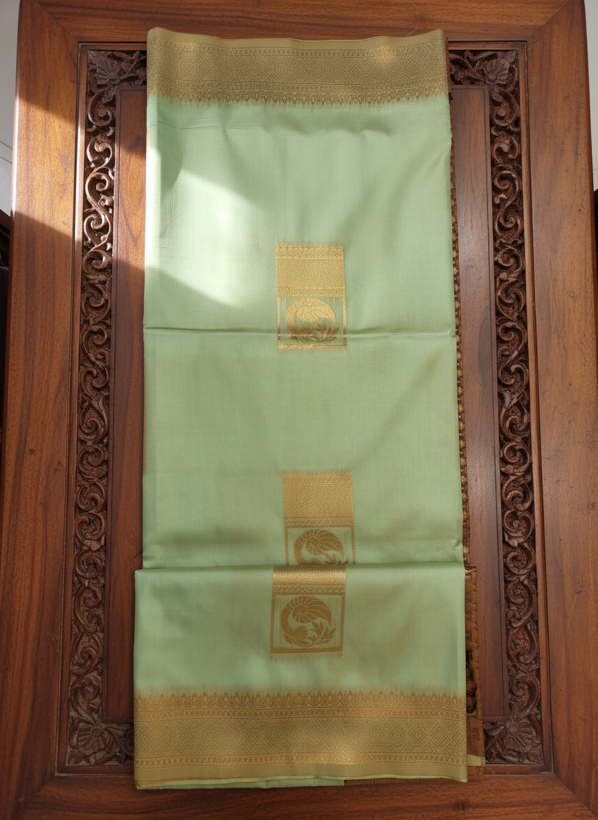 Light Green Soft Silk Saree with Rich Brown Zari Design