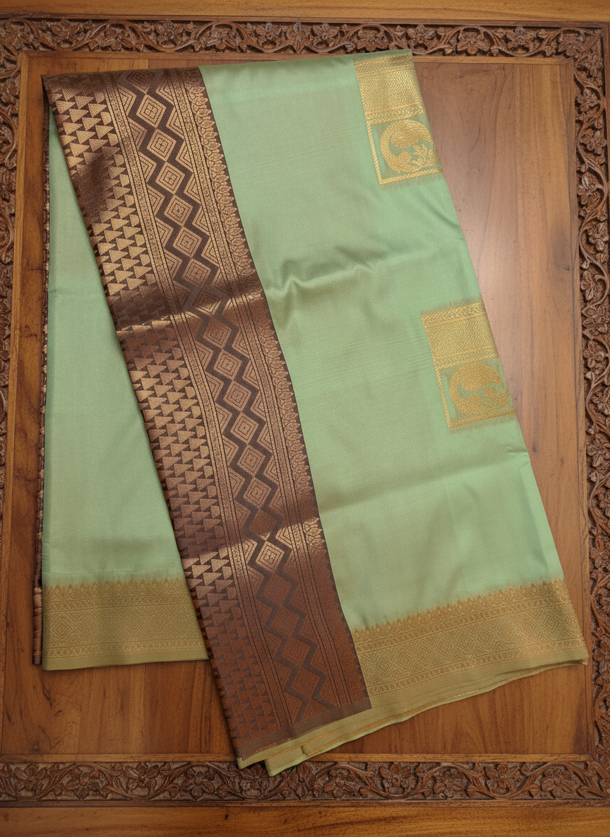 Light Green Soft Silk Saree with Rich Brown Zari Design