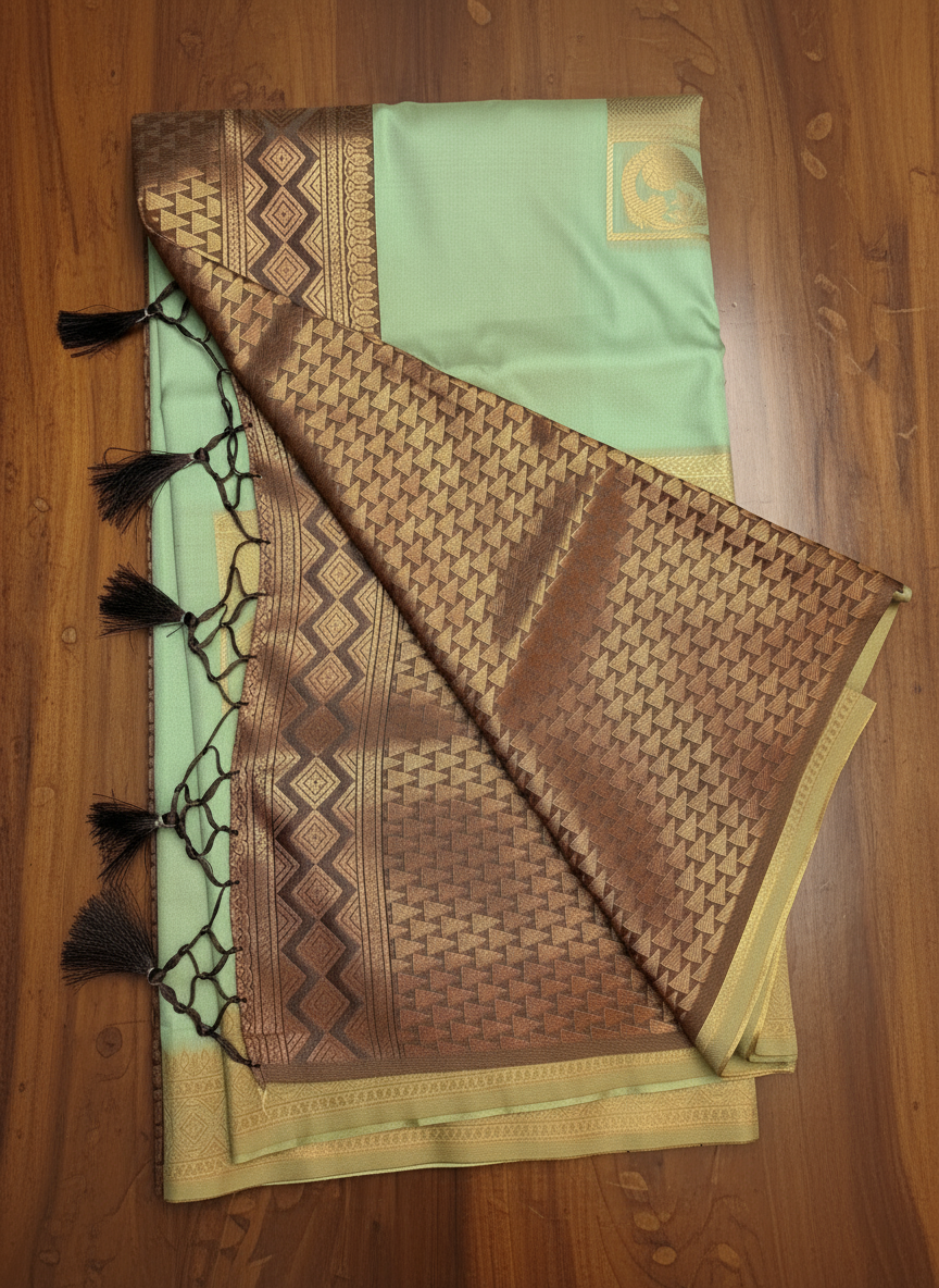 Light Green Soft Silk Saree with Rich Brown Zari Design