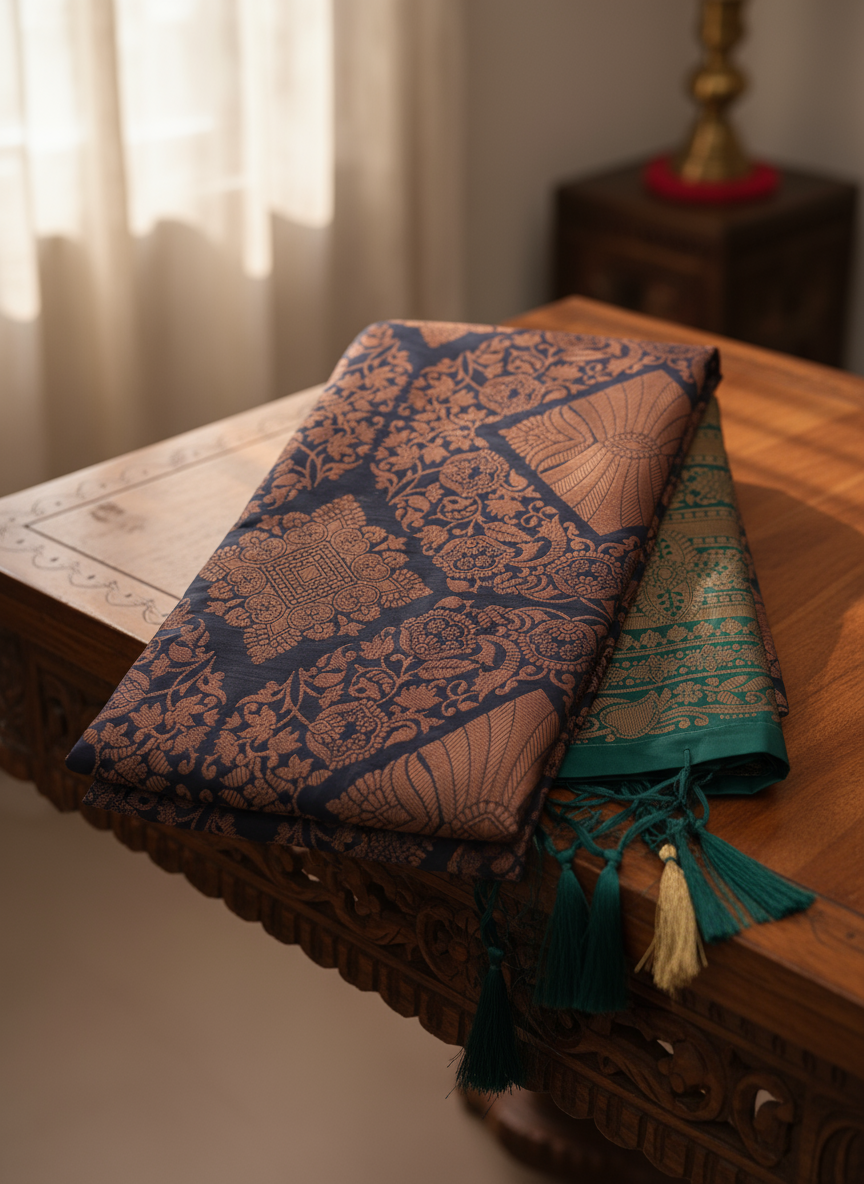 Dark Blue Pattu saree with Dark Green Zari design