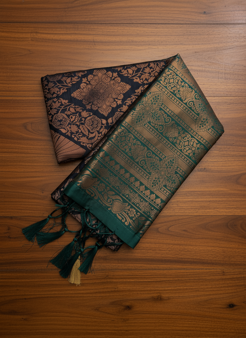 Dark Blue Pattu saree with Dark Green Zari design