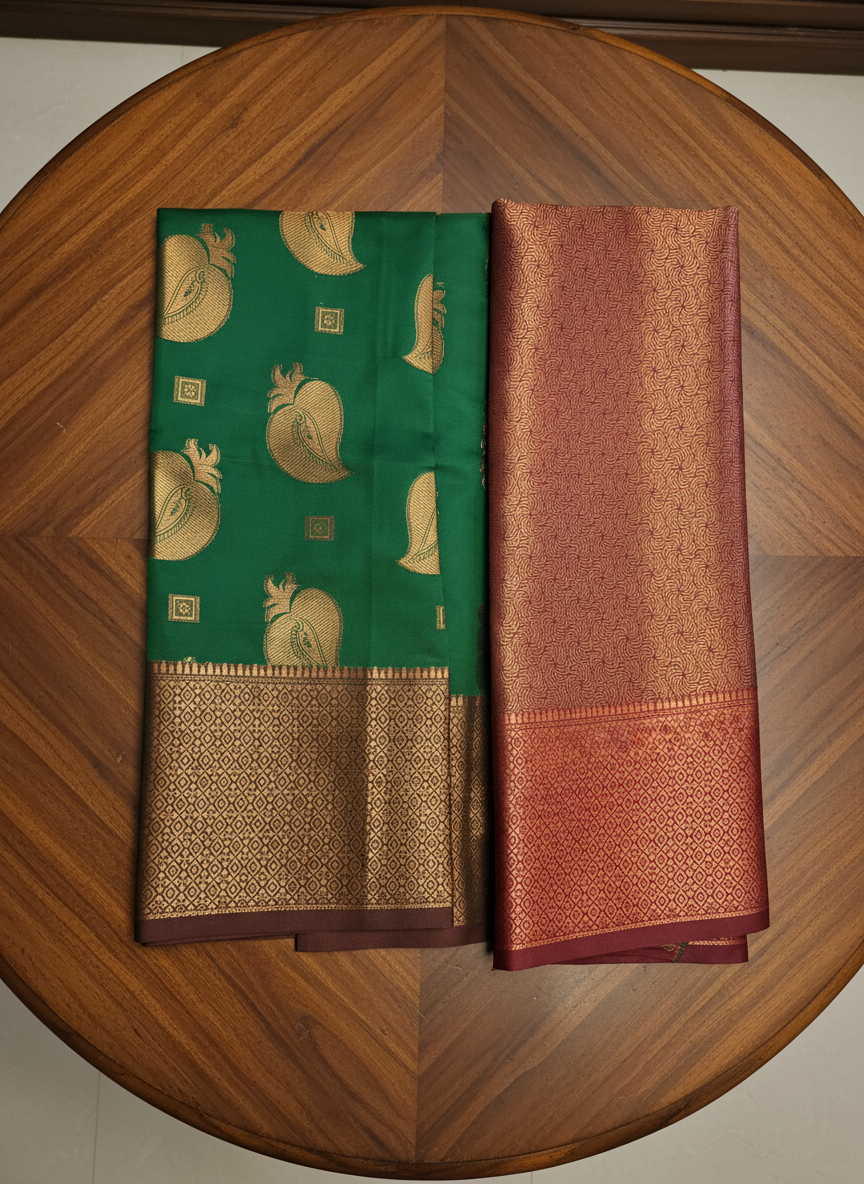 Emerald Green Pattu Saree with Maroon Zari Design