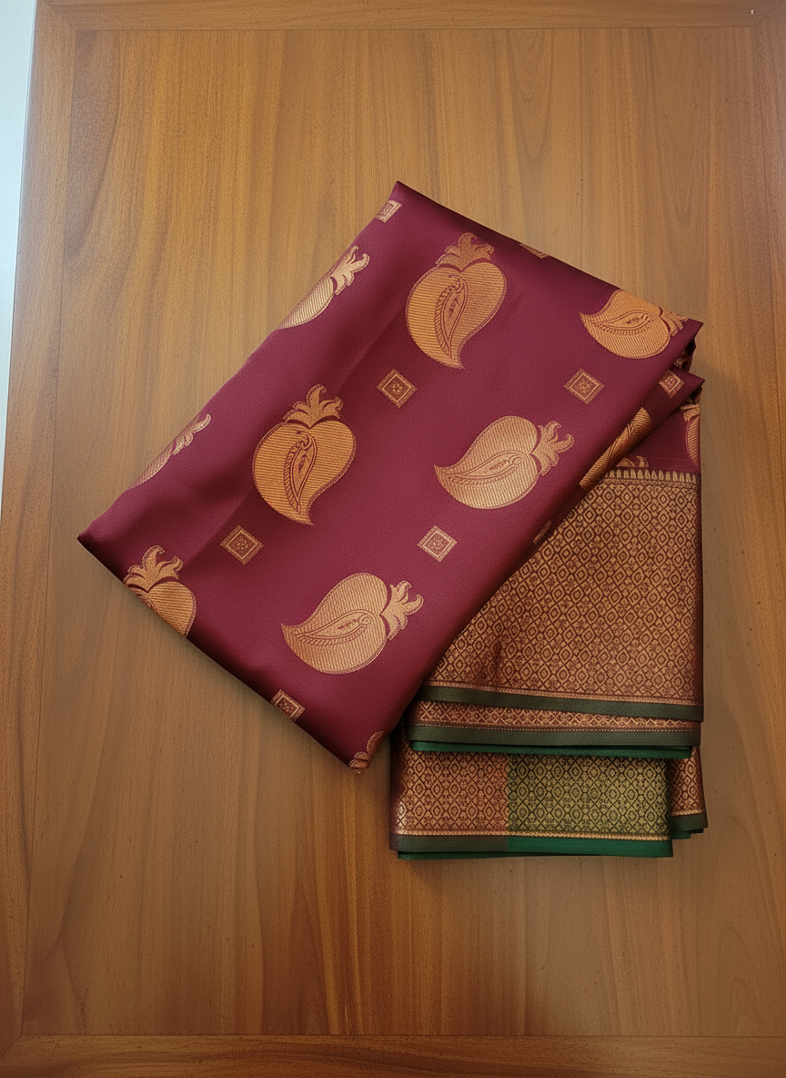 Maroon Pattu Saree with Green Zari Design