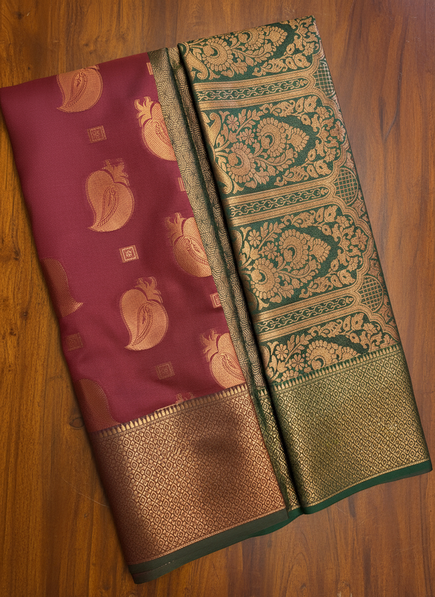 Maroon Pattu Saree with Green Zari Design