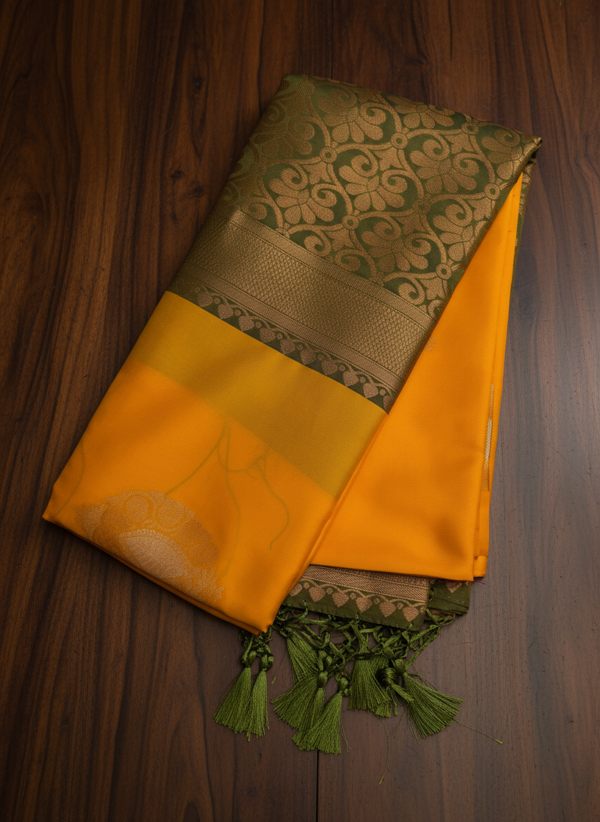 Yellow Soft Silk Saree with Rich Green Zari Pallu