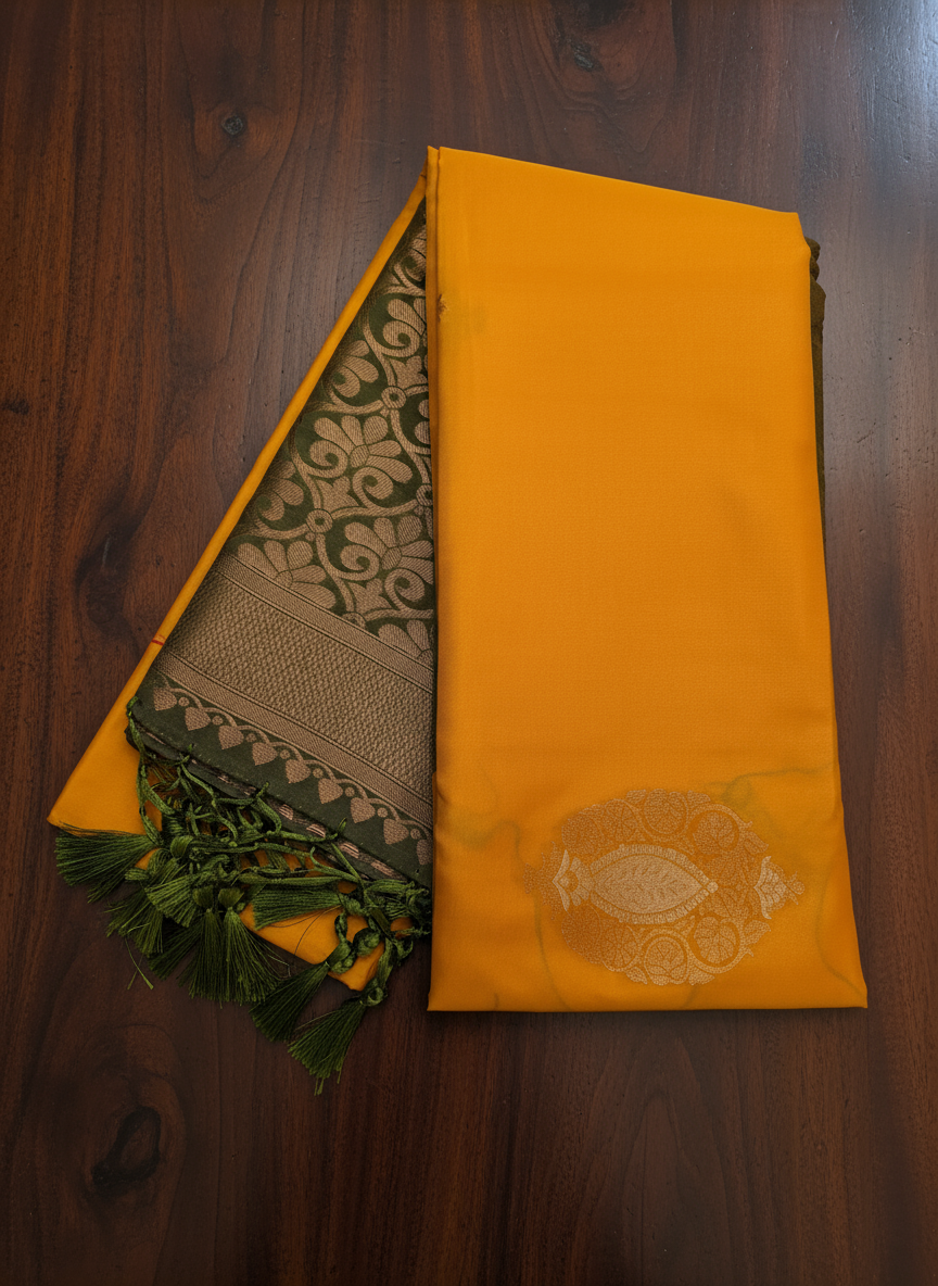 Yellow Soft Silk Saree with Rich Green Zari Pallu