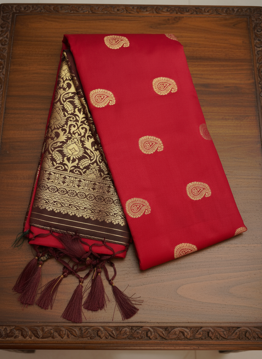 Exquisite Red & Brown Soft Silk Saree