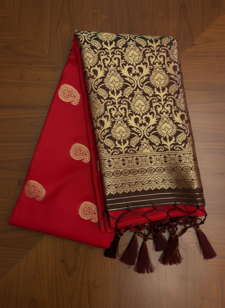 Exquisite Red & Brown Soft Silk Saree