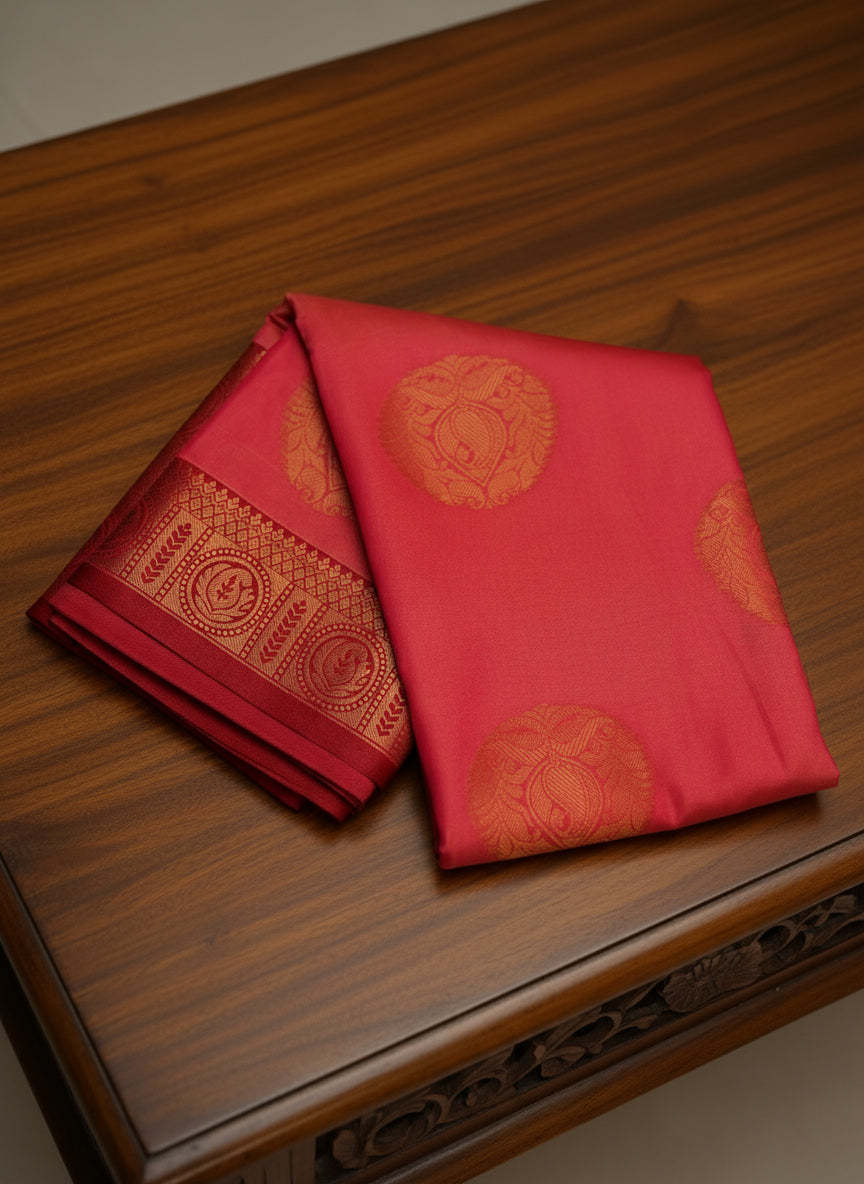 Majestic Pink Pattu Saree with Red & Gold Zari Design