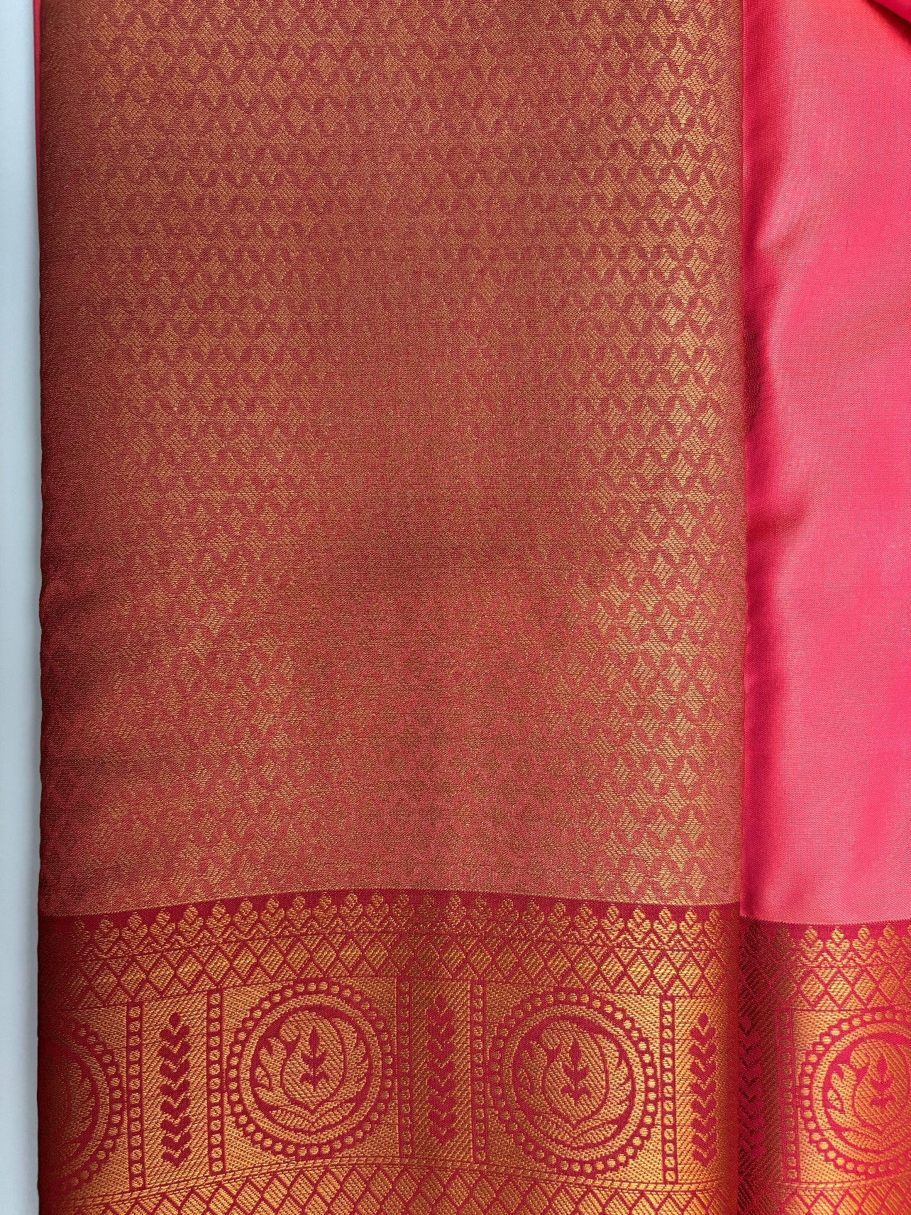 Majestic Pink Pattu Saree with Red & Gold Zari Design