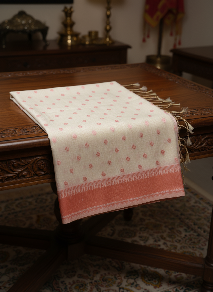 Elegant Peach and Off-White handloom Saree with Floral Motifs