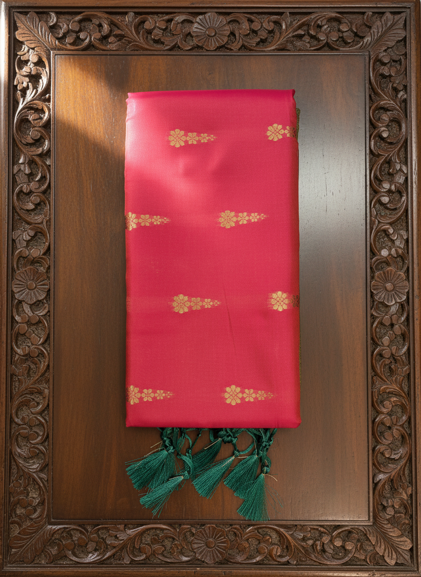Rani Pink Silk Saree with Green Zari Design