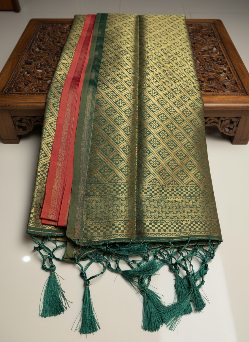 Rani Pink Silk Saree with Green Zari Design