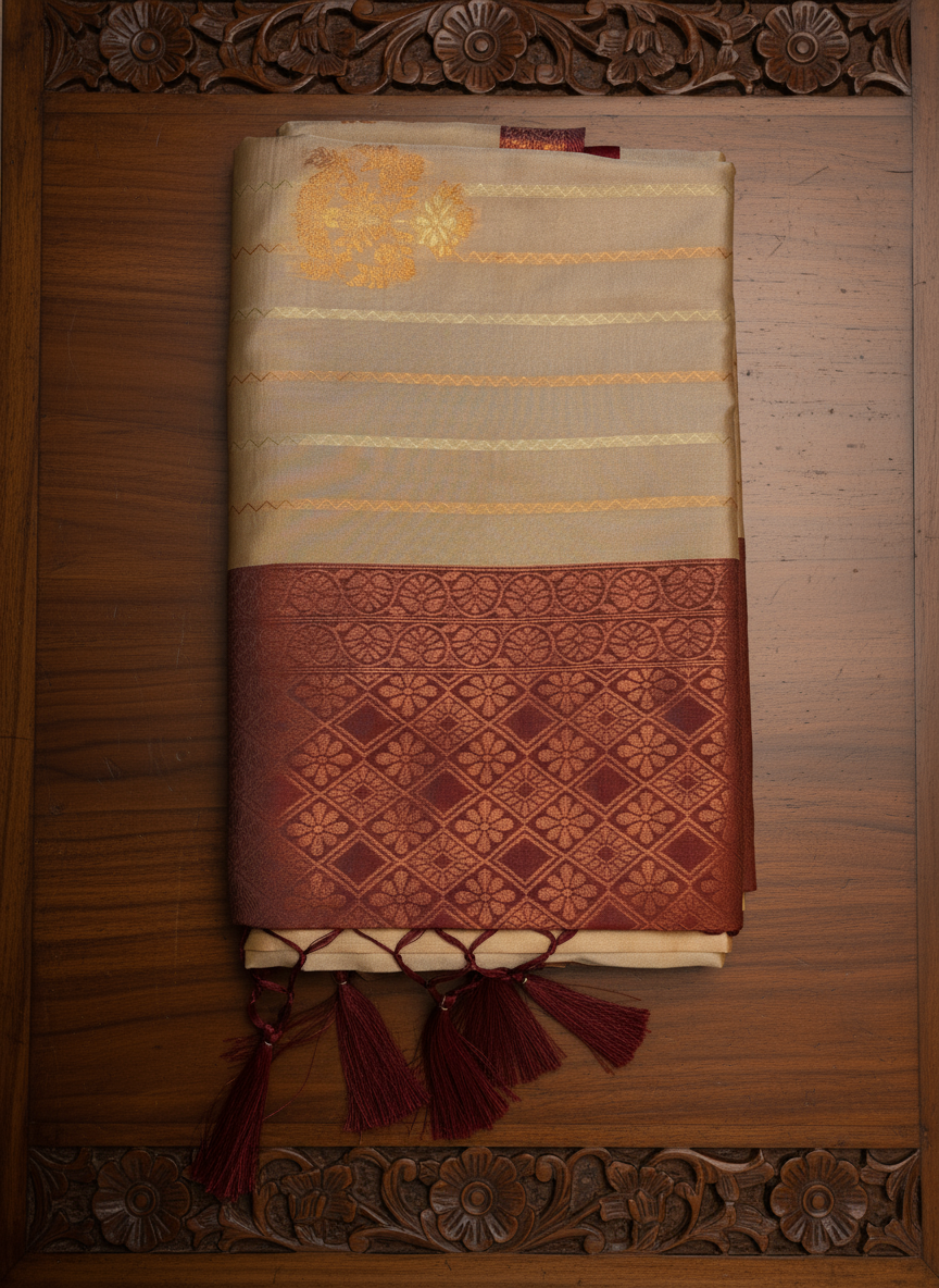 Cream & Maroon Soft Silk Saree with Rich Zari Design