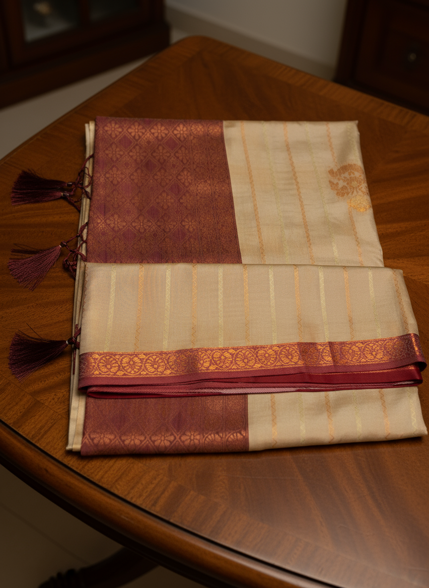 Cream & Maroon Soft Silk Saree with Rich Zari Design