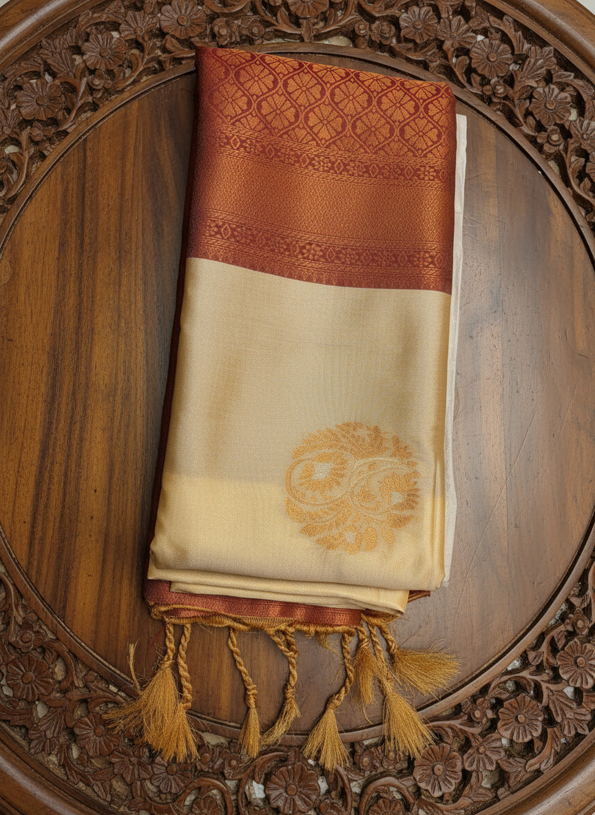 Exquisite Cream & Maroon Soft Silk Saree