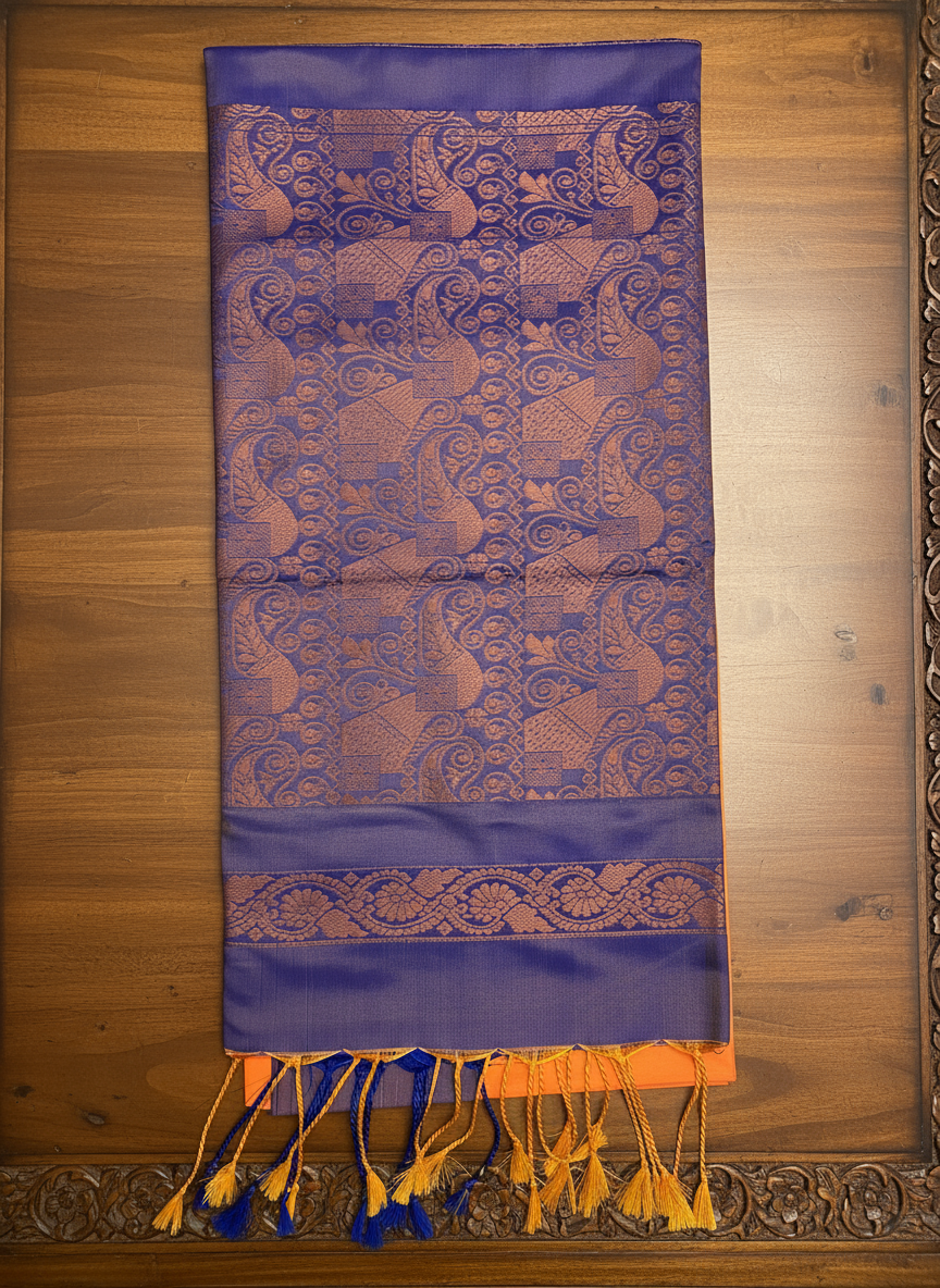 Vibrant Orange and Royal Blue Soft Silk Borderless Saree