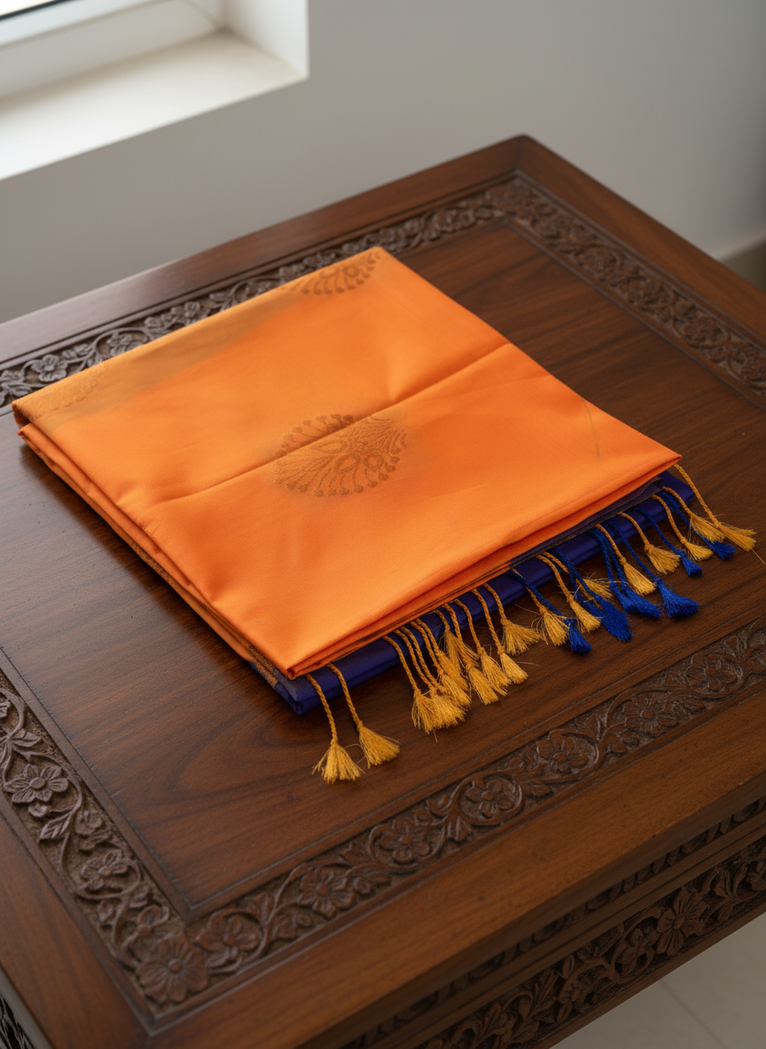 Vibrant Orange and Royal Blue Soft Silk Borderless Saree