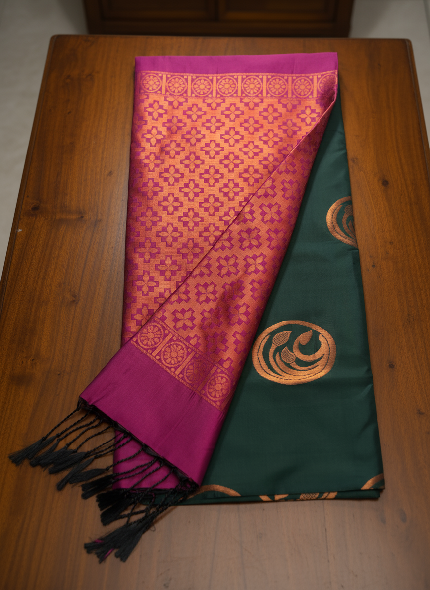 Dark Green & Magenta Soft Silk Borderless Saree with Rich Zari Pallu