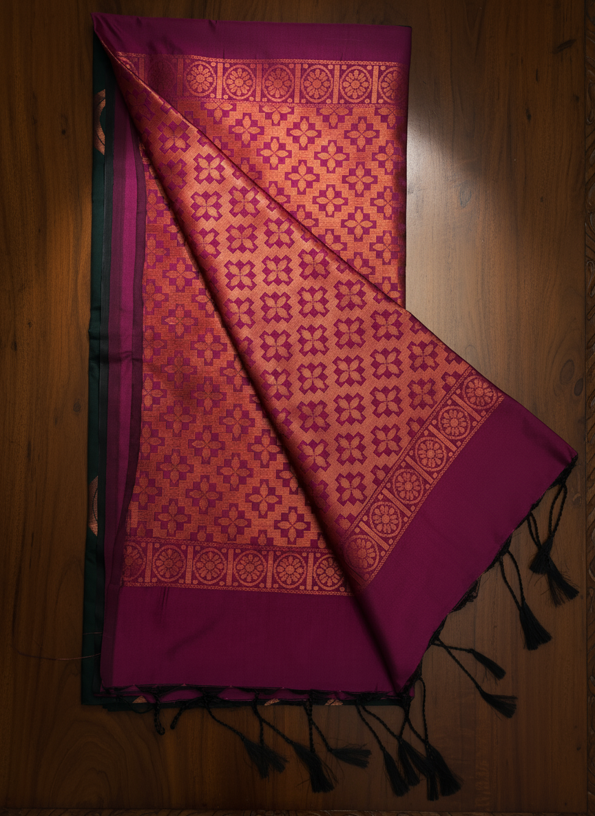 Dark Green & Magenta Soft Silk Borderless Saree with Rich Zari Pallu