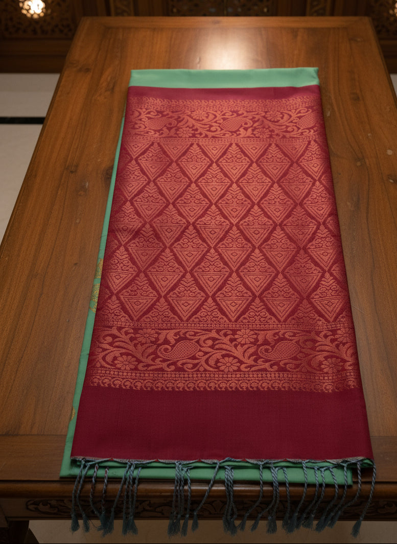 Green & Maroon Soft Silk Borderless Saree