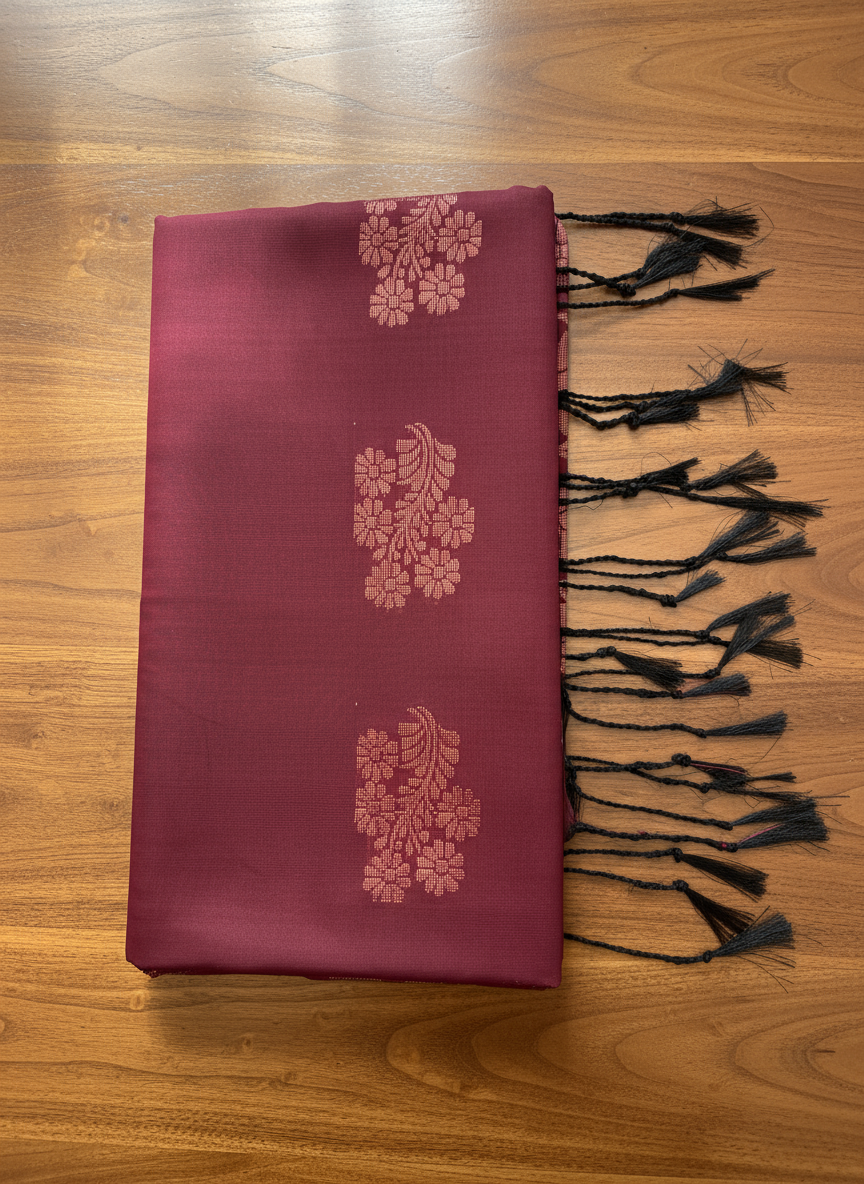 Maroon Soft Silk Borderless Saree with Rich Gold Zari Pallu