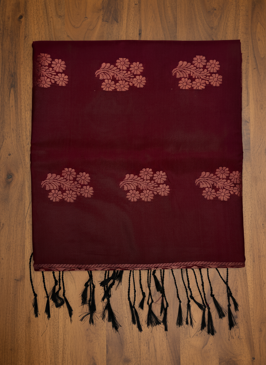 Maroon Soft Silk Borderless Saree with Rich Gold Zari Pallu