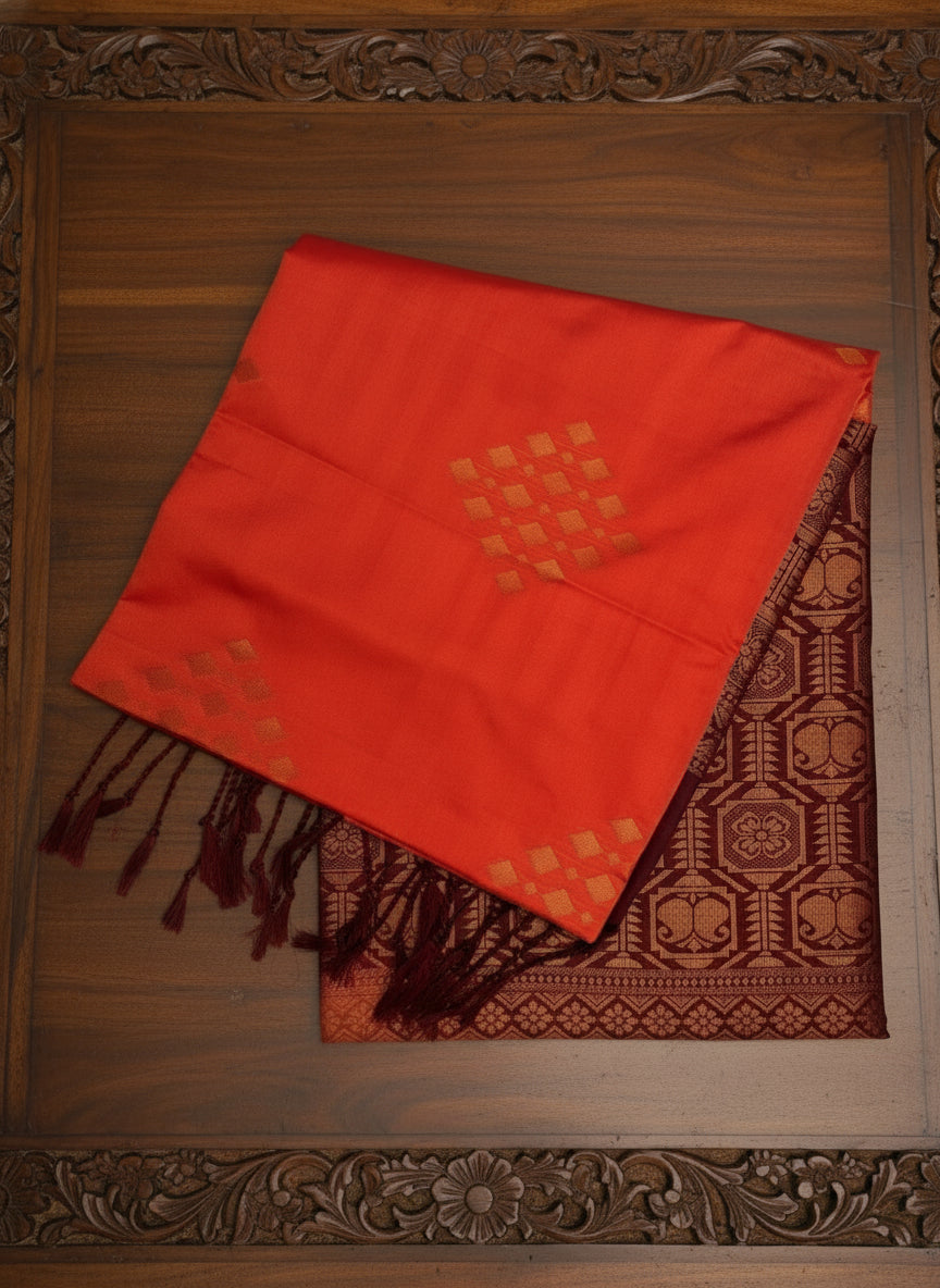 Orange Soft Silk Saree with Marooon Pallu Design