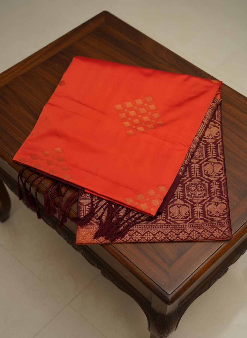 Orange Soft Silk Saree with Marooon Pallu Design
