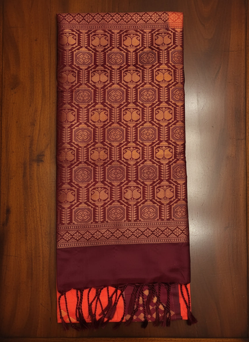 Orange Soft Silk Saree with Marooon Pallu Design