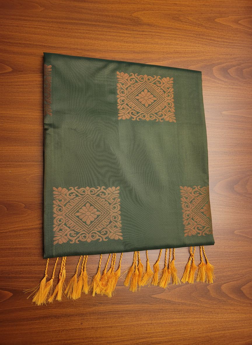 Green Soft Silk Borderless Saree with Orange Zari Design
