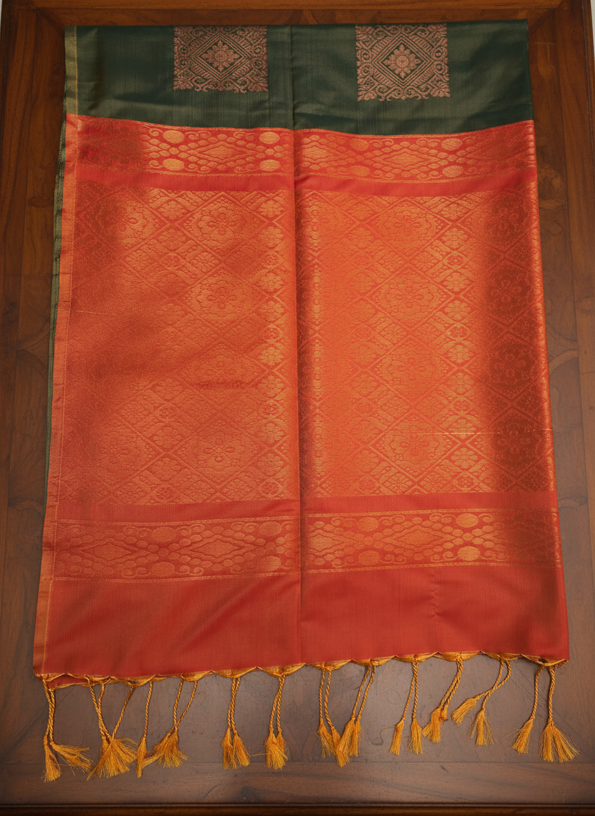 Green Soft Silk Borderless Saree with Orange Zari Design