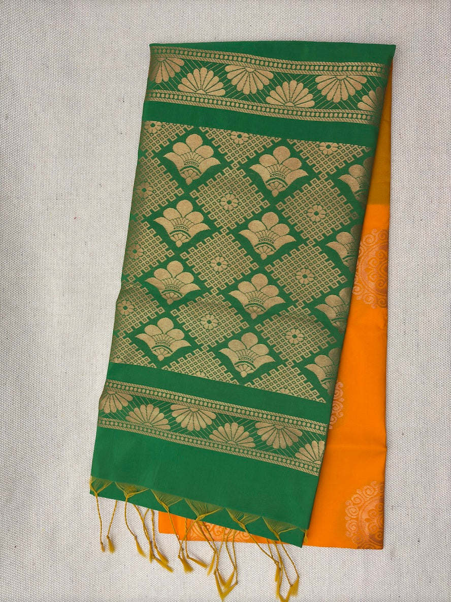 Elegant Yellow and green Borderless Soft Silk Saree