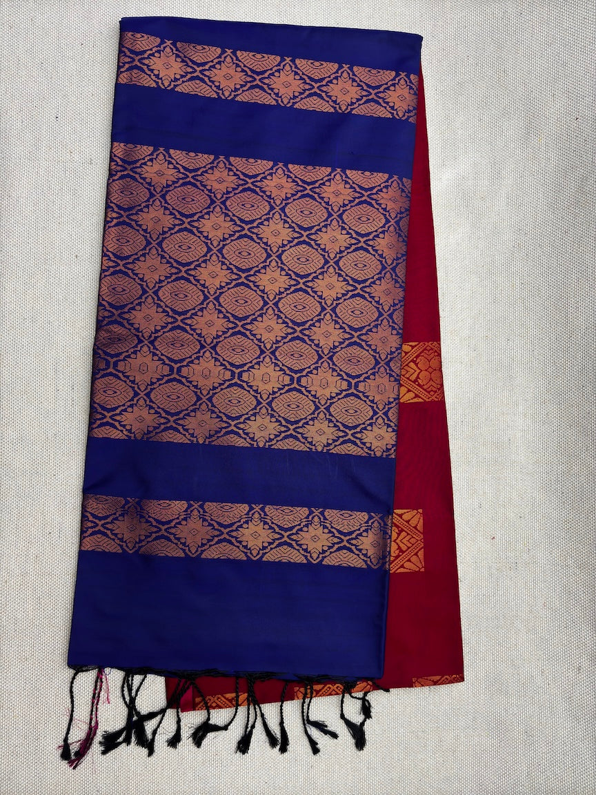 Maroon and Blue Soft Silk Borderless Saree