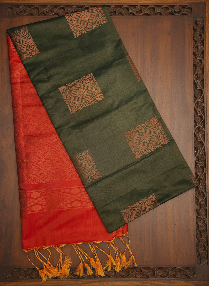 Green Soft Silk Borderless Saree with Orange Zari Design