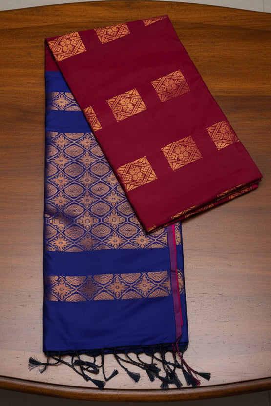Maroon and Blue Soft Silk Borderless Saree