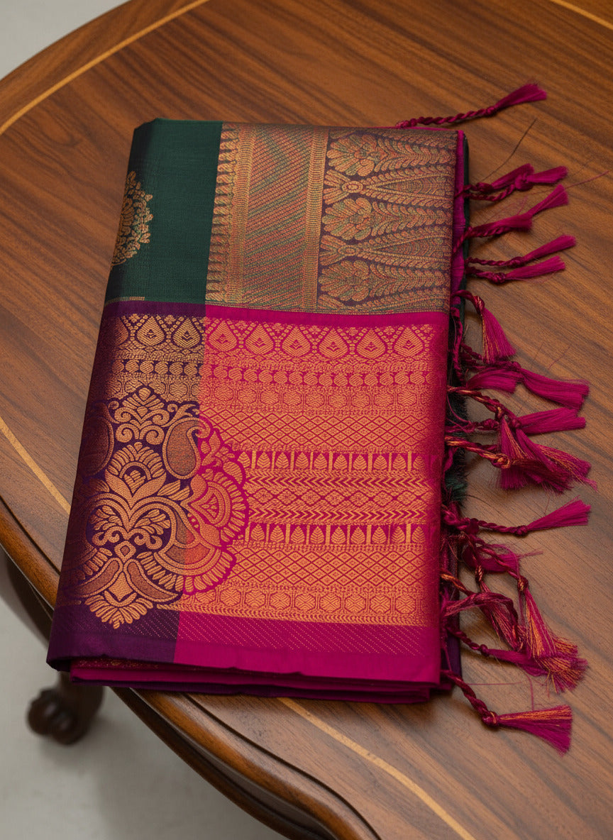 Exquisite Dark Green Pattu Saree with Rani Pink Zari Pallu