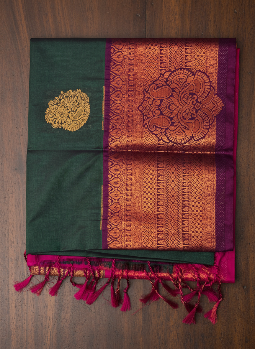 Exquisite Dark Green Pattu Saree with Rani Pink Zari Pallu