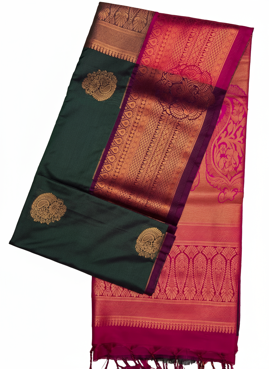Exquisite Dark Green Pattu Saree with Rani Pink Zari Pallu