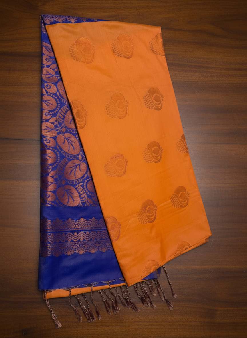 Vibrant Orange and Royal Blue Soft Silk Borderless Saree